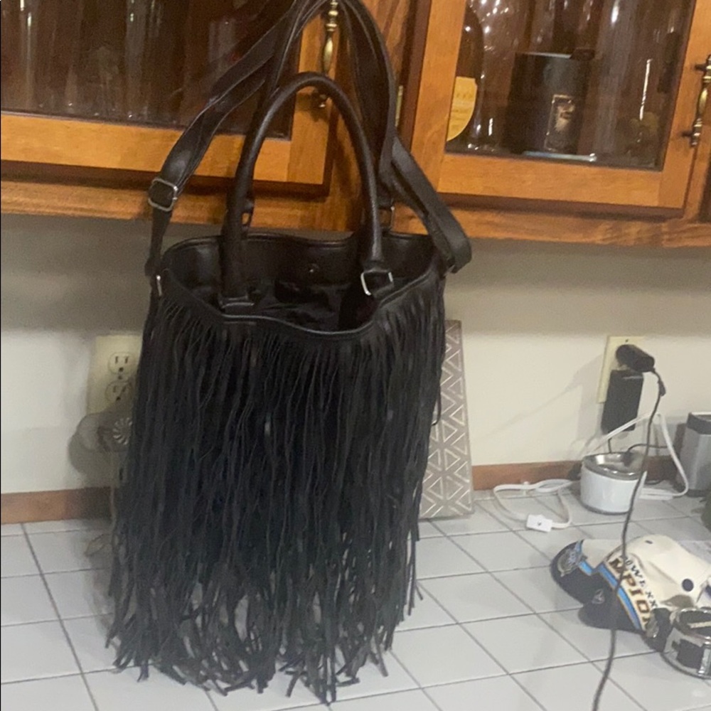 Black leather fringe oversized purse